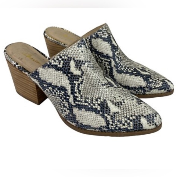 American Rag Shoes - American Rag Denim Blue & Cream Mules with Snakeskin Pattern